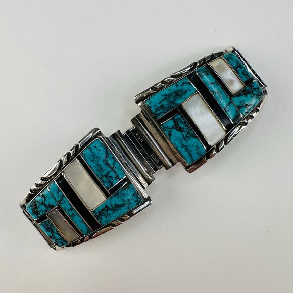 Zuni Sterling Silver, Turquoise and Mother of Pearl Watch Band Tips - Picture 2 of 8